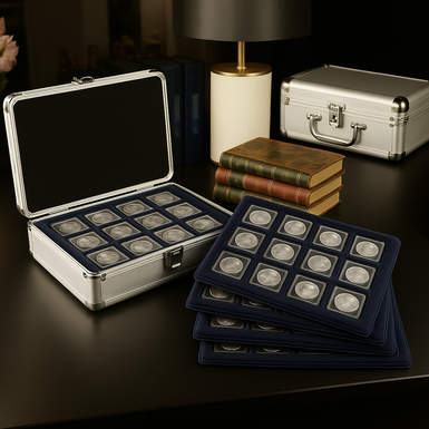 Metal case for storing and transporting coins of various sizes (112 coins) from Leuchtturm (Germany)