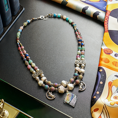 Necklace "Gem" 2-row made of matte agate, jasper, agate-craquelure, Czech glass