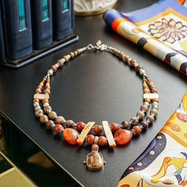 Necklace "Symphony" 2-row made of agate (silver-plated), carnelian, golden sand, jasper