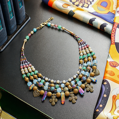 Necklace "Magic" 4-row made of chalcedony, agate, labradorite, cat's eye