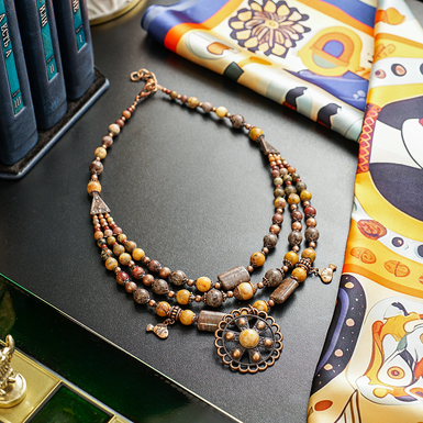 Necklace "Fish" 3-row made of 3 types of jasper, copper-like metal