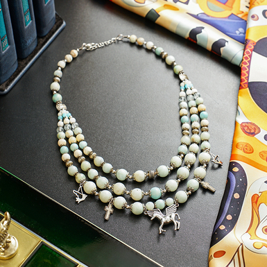 Necklace "Pegasus" 3-row made of amazonite, quartz, mother-of-pearl