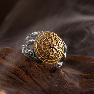 Silver ring with brass Pandora and garnet "Helmet of horror" by ARHAIKA