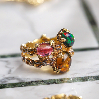 "Brightly" ring with opal, tourmaline, rauch topaz and 925 silver