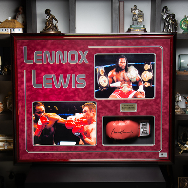 Certified autograph of boxer Lennox Lewis on a glove with a photo collage (87x107 cm)