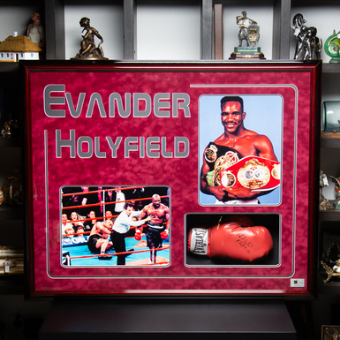 Certified autograph of boxer Evander Holyfield on a glove with a photo collage (87x107 cm)