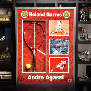 A certified autograph of tennis player Andre Agassi with a collage of photos, a racket, and a ball (105x79 cm)