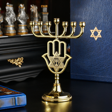 Menorah "Judaic" made of Damascus steel with gold plating by Anframa brand (17x12 cm)