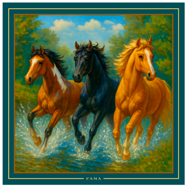 Jedwabny szal "Trzy Konie" firmy Fama (limitowana kolekcja, 65x65 cm)