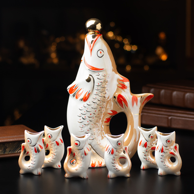 Porcelain service "Fish-witches" with decanter and 6 glasses
