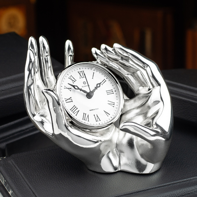 Silver-plated statuette with a clock "Time in our hands" by ArtBe