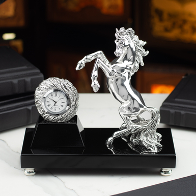 Silver-plated figurine with a clock "Horse that rules time" by ArtBe