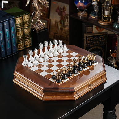 Chess set "Orbis" with wooden board (46x46 cm) and figures with gold and silver plating from ITALFAMA