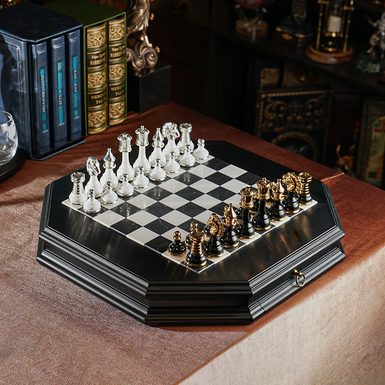 Chess set "Pinnacle" with wooden board (46x46 cm) and figures with gold and silver plating from ITALFAMA