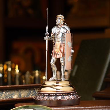 Handmade statuette "Roman Legionnaire of the 2nd century AD with a spear" made of resin, copper plating, silver plating, 24-karat gold plating, patination by Yevhen Yepur