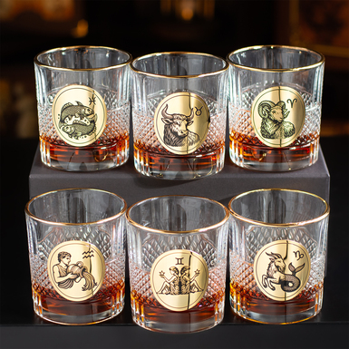 “Zodiac Signs. First Half of the Year” — Whisky Set with 6 Crystal Glasses, Gold Plating and Enamel by BIANCANEVE