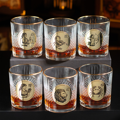 “Zodiac Signs. Second Half of the Year” — Whisky Set with 6 Crystal Glasses, Gold Plating and Enamel by BIANCANEVE
