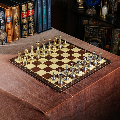 "Eterna Partita" chess set with handmade wooden board and metal pieces from ITALFAMA
