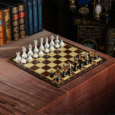 Chess set "Aigle Royal" with handmade wooden board and gold and silver plated pieces from ITALFAMA