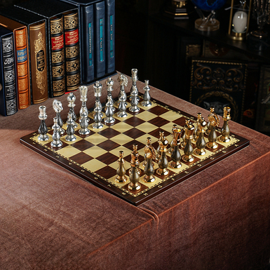 Chess set "Continental" with handmade wooden board and gold and silver plated pieces from ITALFAMA