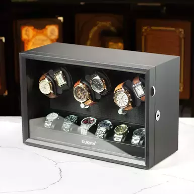 Box for winding 6 and storing 6 watches "Aurora Blue Light Quiet Motors Grain" by DUKWIN (with defect in the last 3 photos)