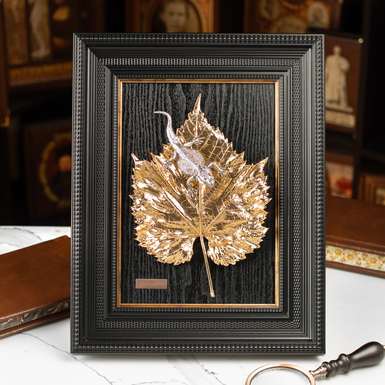 Author's composition "Autumn grape leaf with a lizard" with gilding, copper, silver plating by Yevgeny Yepur