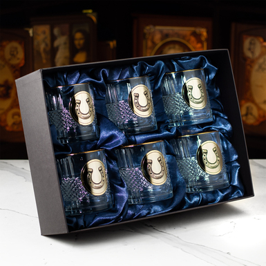 "Horseshoe of luck" whiskey set of 6 crystal glasses with gilding and enamels by BIANCANEVE