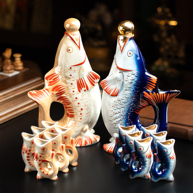 Set of porcelain services "Fish" (2 decanters and 12 glasses)