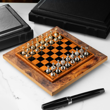 Miniature magnetic chess set "Monarch" with a wooden board and metal pieces by ITALFAMA