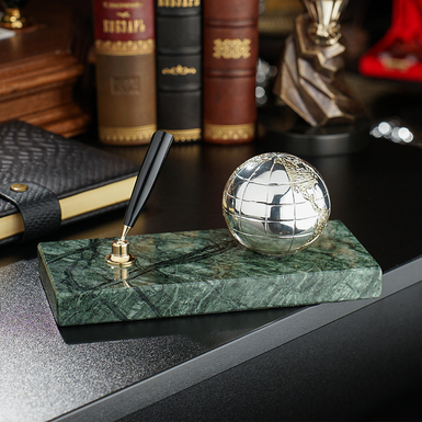 Silver-plated "World Map" figurine on a marble stand with a pen holder by ArtBe