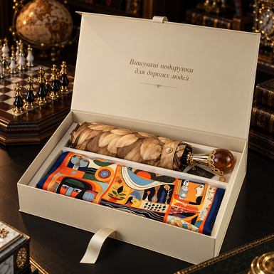 Set of natural silk scarf "Art Collection: Picasso, Frida, Klimt, Dali, Da Vinci, Van Gogh" by Fama (limited collection, 65x65 cm) and umbrella "Amber" by Pasotti