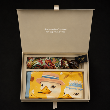 Gift set - colorful folding umbrella with duck handle by Pasotti and natural silk scarf "Swanny" by Fama (limited collection, 65x65 cm)