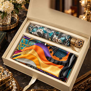 Gift set – silk scarf "Snake Whirlwind" by Fama (limited collection, 65x65 cm) and women's folding umbrella "Beautiful" by Pasotti