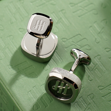 "Quatro" cufflinks in stainless steel, sapphire and IP palladium by Montegrappa