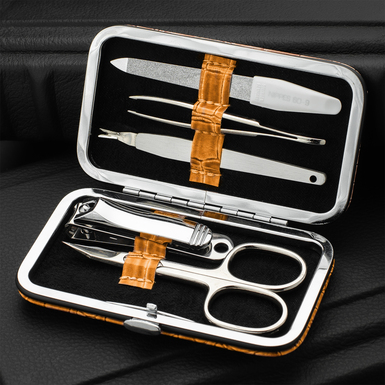 Brickly 5-piece stainless steel manicure set in a leather case by Fama