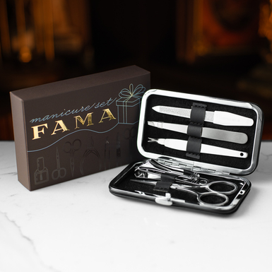 Prestige 5-piece stainless steel manicure set in a leather case by Fama