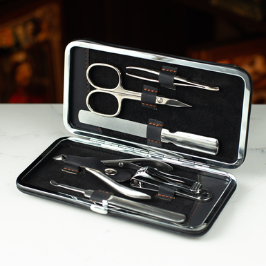 Classic 6-piece stainless steel manicure set in a leather case by Fama